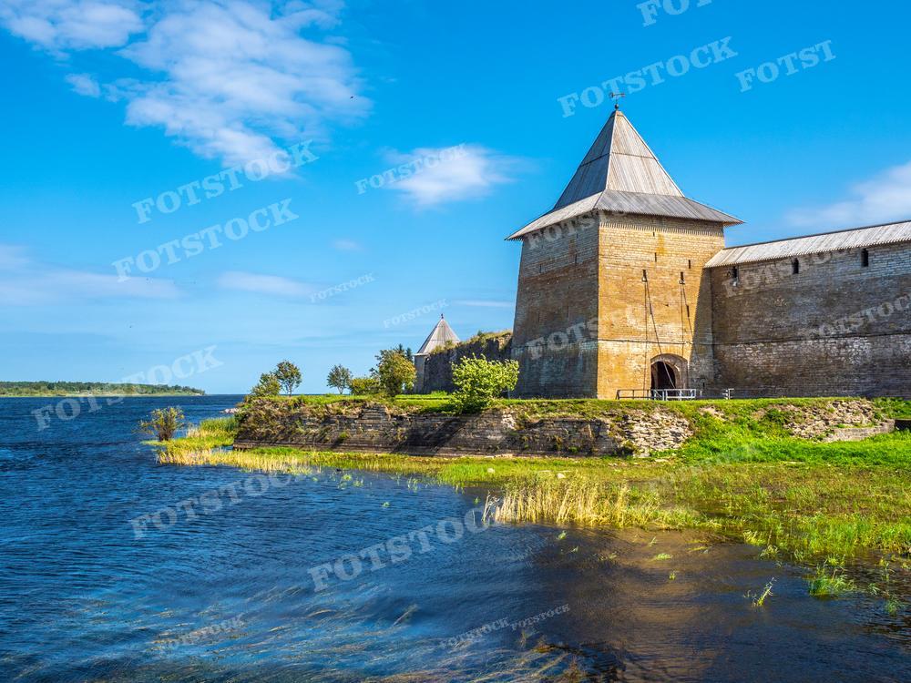 На фотографии запечатлена старинная каменная крепость, расположенная на Ладожского озера. Одна из башен крепости выделяется конусообразной крышей. Вид на крепость открывается с воды, на переднем плане видна рябь на поверхности воды и зеленая береговая растительность. Небо голубое, с легкими облаками. Такое фото может использоваться для публикаций по истории, культуре, в туристических проспектах, на обложках книг или как уникальный элемент декора.